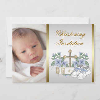Weiß Blau Gold Baby Junge Foto Taufe Einladung