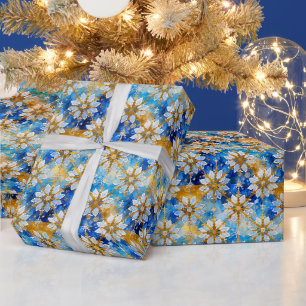 Weiß Blau Gold Weihnachten Poinsettie Schneeflocke Geschenkpapier