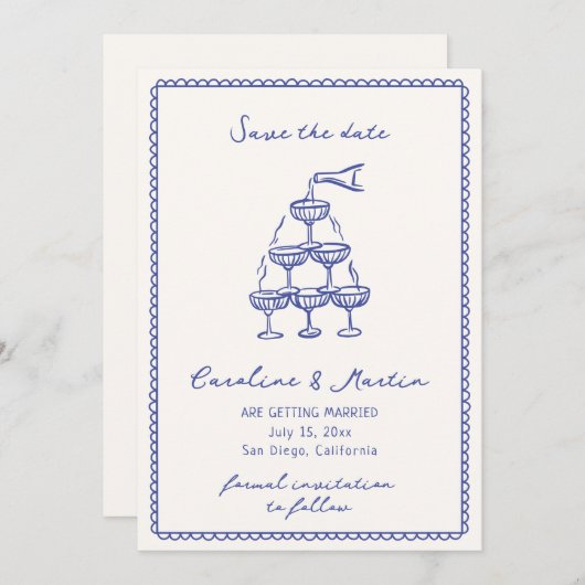 Weiß blau, handgezeichnete Hochzeit speichern Sie Einladung (Vorne/Hinten)