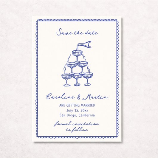 Weiß blau, handgezeichnete Hochzeit speichern Sie  Einladung