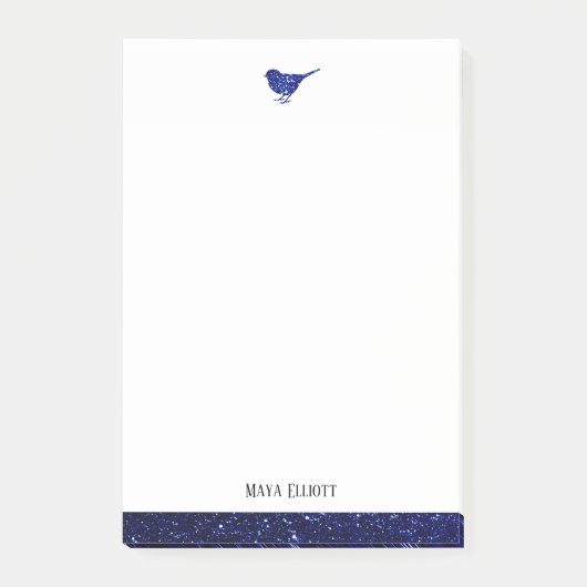 Weiß & Blau Imitate Glitzer Bird mit/Border, Name Post-it Klebezettel (Vorderseite)