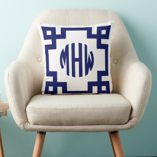 Weiß Blau Navy Kreis Monogramm Griechischer Schlüs Kissen