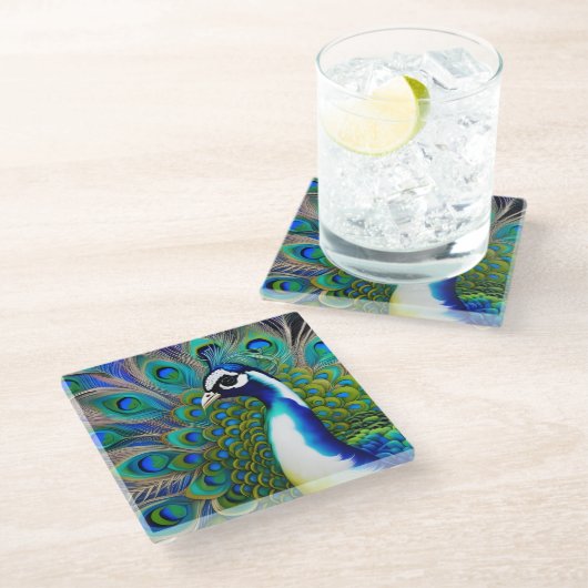Weiß blau und grün Piebald Peacock Glasuntersetzer (Schrägansicht)