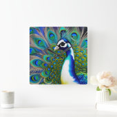 Weiß blau und grün Piebald Peacock Quadratische Wanduhr (Zuhause)