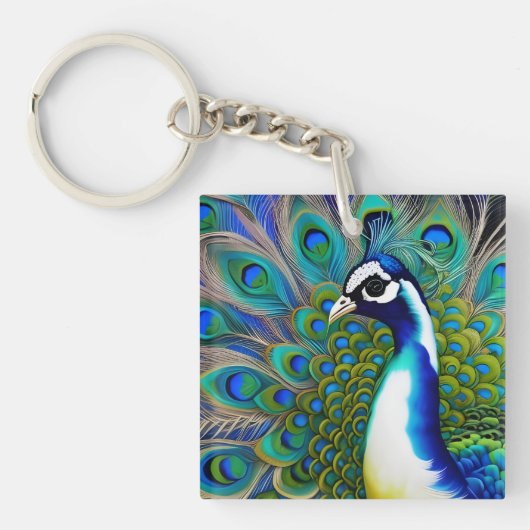 Weiß blau und grün Piebald Peacock Schlüsselanhänger (Vorderseite)