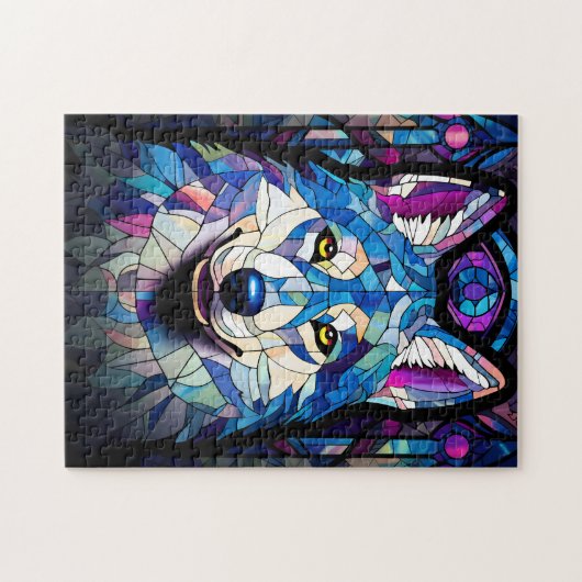 Weiß, blau und Lila Wolfspuzzle aus Hartglas. Puzzle (Horizontal)