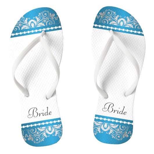 Weiß, Blau und Silber | Hochzeitsparty Badesandalen (Fußbett)