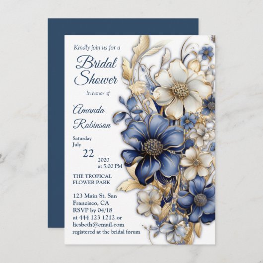 Weiß, blau, weiße Blume und goldene Etwas Einladung (Vorne/Hinten)