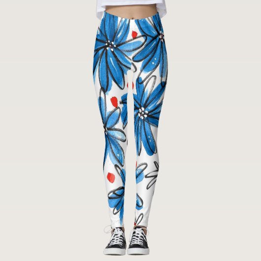 Weiß-blaue Blume Leggings (Vorderseite)