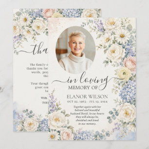 Weiß Blaue Rosafarbene Blumen-Foto-Trauer-Gedenkfe Dankeskarte