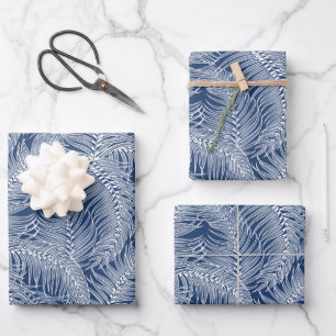 Weiß Blaue Tropische Palmblätter Muster Geschenkpapier Set