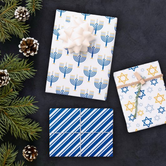 Weiß blaue und gelbe Mixed Hanukkah Muster Geschenkpapier Set