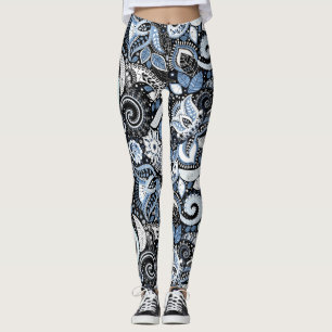Weiß-blaues Paisley-Druckmuster Leggings