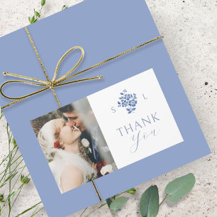 Weiß Blue Floral Wedding Monogram Vielen Dank Rechteckiger Aufkleber