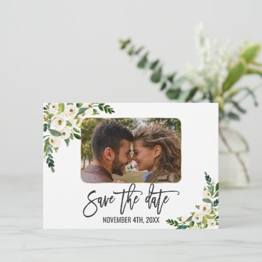 Weiß blühendes Foto Save the Date (Stehend Vorderseite)