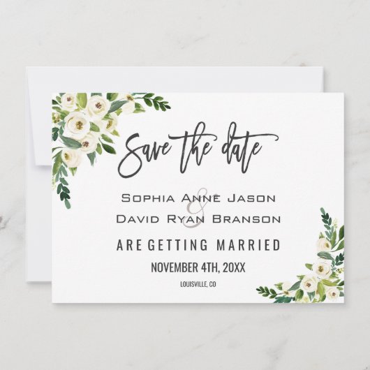 Weiß blühendes Foto Save the Date (Rückseite)