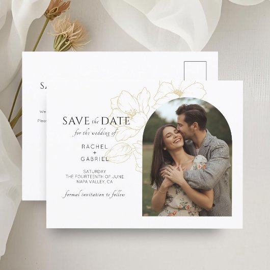 Weiß | Boho Arch Gold Floral Wedding Postkarte