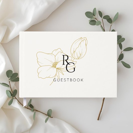 Weiß | Chic Floral Monogram Wedding Gästebuch