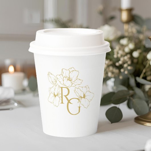 Weiß | Chic Imitats Gold Monogram Wedding Pappbecher