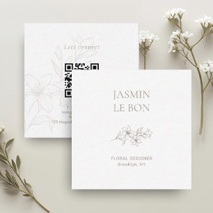 Weiß Chic Minimal Floral Square QR Business Quadratische Visitenkarte