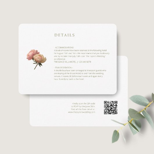 Weiß | Chic Rose Hochzeitdetails QR-Code Begleitkarte
