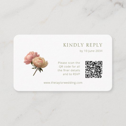 Weiß | Chic Rose Wedding RSVP QR Code Begleitkarte (Vorderseite)