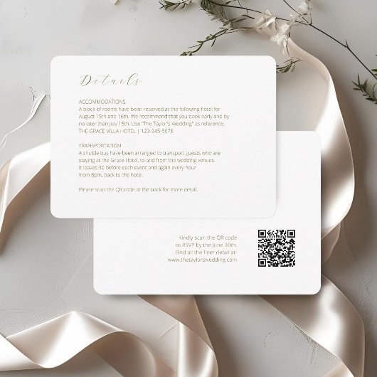 Weiß | Chic Script Wedding Detail QR Code Begleitkarte