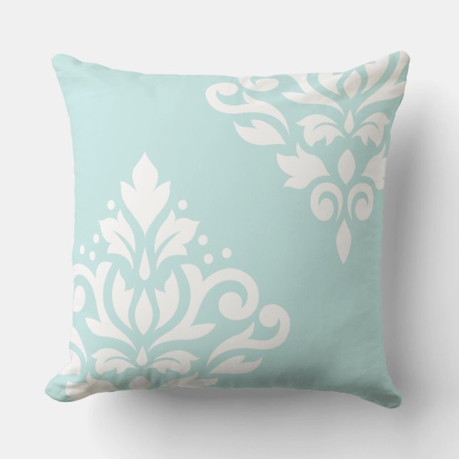Weiß der Rolle-Damast-Kunst-I auf Enten-Ei-Blau Kissen (Vorderseite)