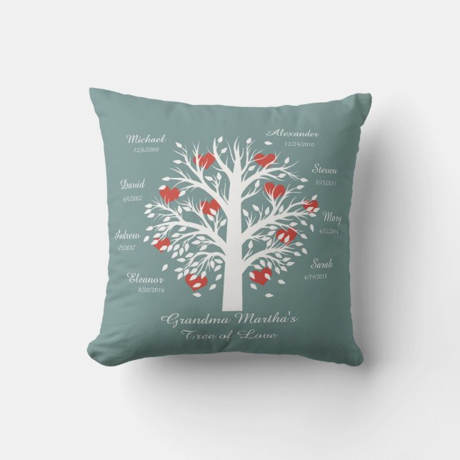 Weiß des Großmutter-Baum-(Herzen) auf Blau, 8 Kissen (Vorderseite)