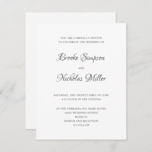 Weiß | DIGITAL Einfach Elegant Minimale Hochzeit Einladung (Vorne/Hinten)