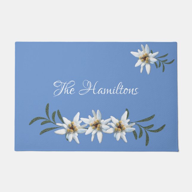 Weiß Edelweiss auf blauer Türmatte (Vorderseite)