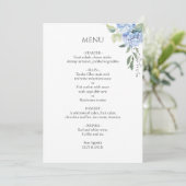Weiß | Elegant Blue Beige Hydrangea Wedding Menükarte (Stehend Vorderseite)