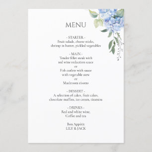 Weiß Elegant Blue Beige Hydrangea Wedding Menükarte