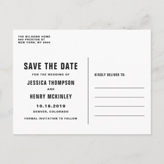 Weiß formatiertes Script-Foto Save the Date Postca Ankündigungspostkarte (Rückseite)
