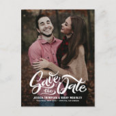 Weiß formatiertes Script-Foto Save the Date Postca Ankündigungspostkarte (Vorderseite)