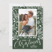 Weiß frohe Weihnachten auf grünem Foto (Vorderseite)