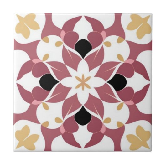 Weiß, gelb und dunkelrosa Blumen Fliese (Vorderseite)