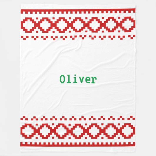 Weiß gestrickt mit roten Musterstreifen, gemütlich Fleecedecke (Vorderseite)