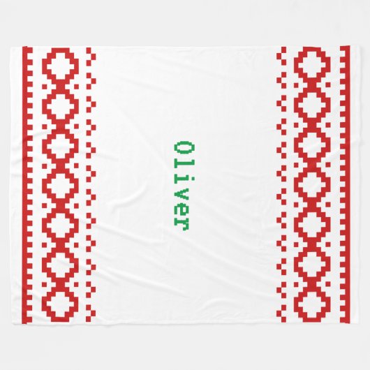 Weiß gestrickt mit roten Musterstreifen, gemütlich Fleecedecke (Vorderseite (Horizontal))