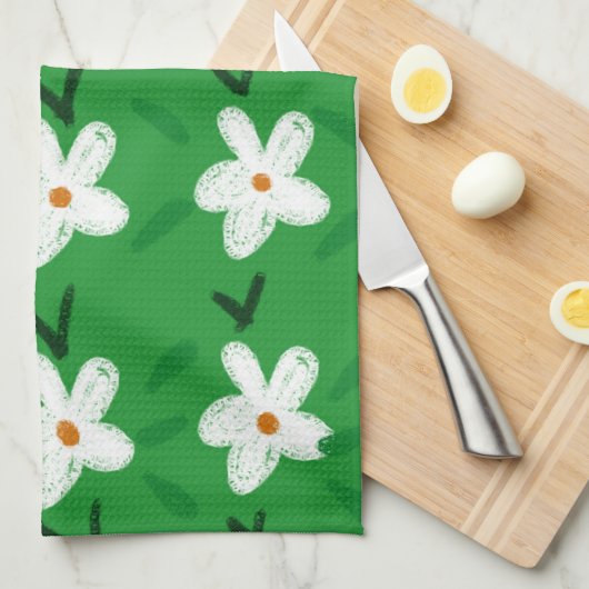 Weiß Gezeichnet Blumenmuster Blume Art Pattern Aes Geschirrtuch (Viertel Falte)