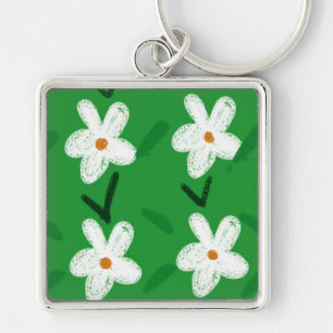 Weiß Gezeichnet Blumenmuster Blume Art Pattern Aes Schlüsselanhänger