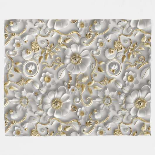 Weiß & Gold 3D florales Dekorationsmuster Fleecedecke (Vorderseite (Horizontal))