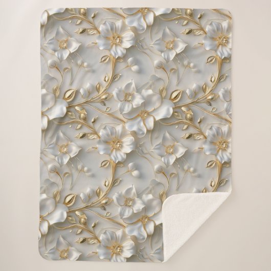 Weiß & Gold 3D florales Dekorationsmuster Sherpadecke (Vorderseite)