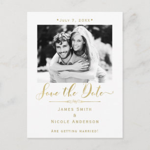 Weiß & Gold Foto Moderne Hochzeit Merken Sie sich  Ankündigungspostkarte