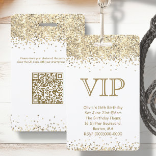 Weiß & Gold Glitter   VIP Geburtstagseinladung Ausweis