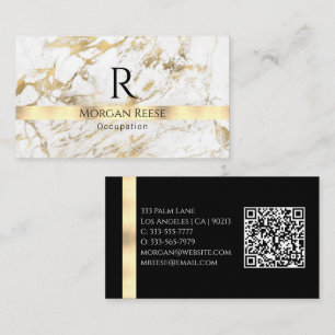 Weiß/Gold Marmor Generiere QR-Code Name & Monogram Visitenkarte