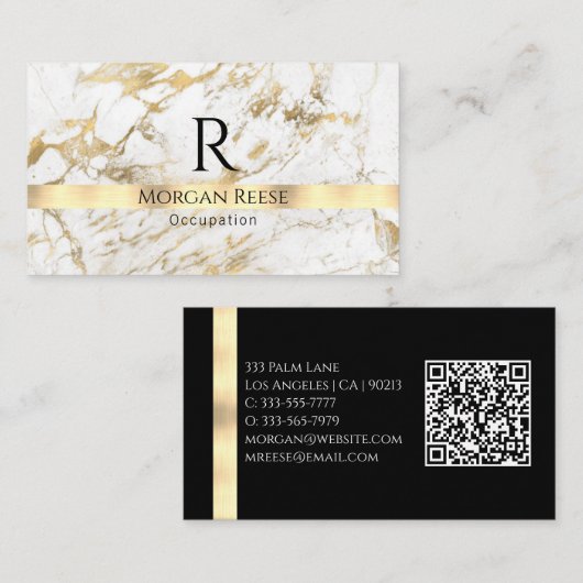 Weiß/Gold Marmor Generiere QR-Code Name & Monogram Visitenkarte (Vorne/Hinten)