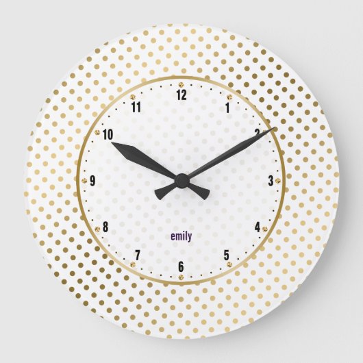 Weiß & Gold Polka Dots Muster Große Wanduhr (Vorderseite)