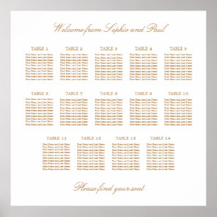 Weiß Golden Beige 14 Tisch Hochzeit Sitzordnung Poster