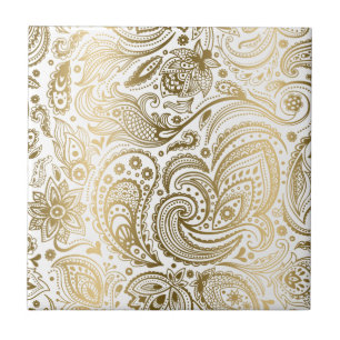 Weiß-goldene Blumen-Lace-Paisley 3 Fliese